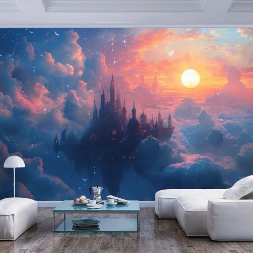 Pink Blue Wallpaper Mural Castle in Clouds Sun Stars Fantasy Dramatic Style by Unknown