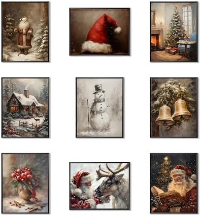 Vintage Christmas Canvas Wall Art Set of 9, Santa Claus Xmas Tree Snow Scene by Unknown