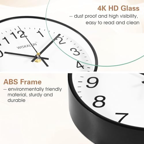 WISKALON 8in Silent Wall Clock Black Frame Elegant Glass Battery Operated - Image 6