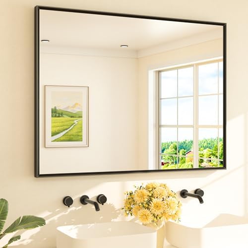 TETOTE Black Bathroom Mirror for Over Sink 48" x 36" Large Matte Black Beveled by TETOTE
