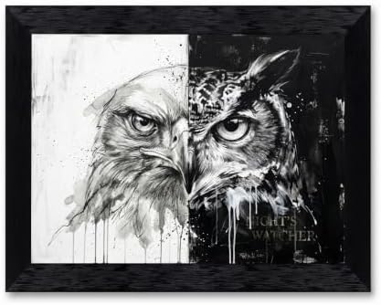 Framed Canvas Wall Art Monochrome Mixed Media Eagle and Owl Gritty Ink Wash by Unknown