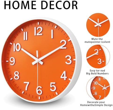 HZDHCLH 8 Inch Wall Clock Battery Operated Silent Non Ticking Orange Modern - Image 3