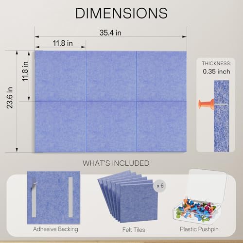 MaxGear Felt Bulletin Board 36" x 24", Sky Blue Felt Wall Tiles Push Pins - Image 3
