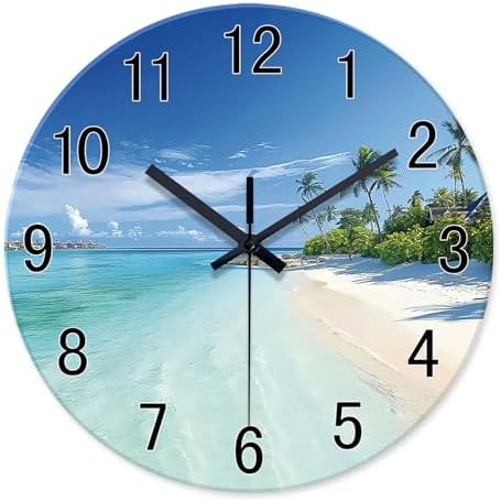 XFM Blue Beach Wall Clocks Battery Operated 14 Inch Round Glass by XFMWallClock