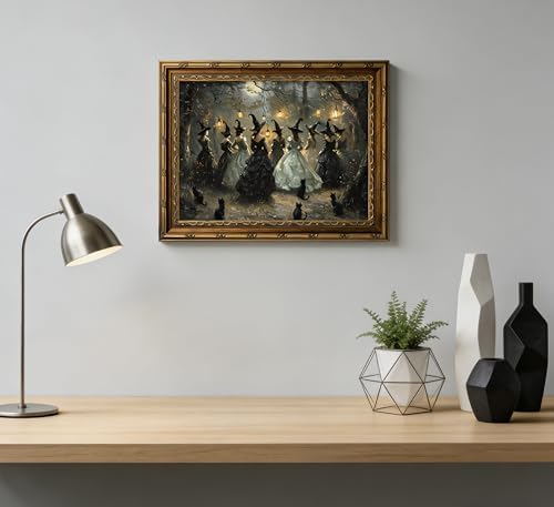 Vintage Gold Framed Canvas Wall Art Dark Academia Gothic Black Cat Painting - Image 4