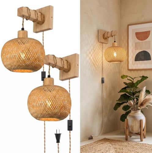 Woven Rattan Plug in Wall Sconce, 15 RGB Dimmable Boho Light by NOVCAND