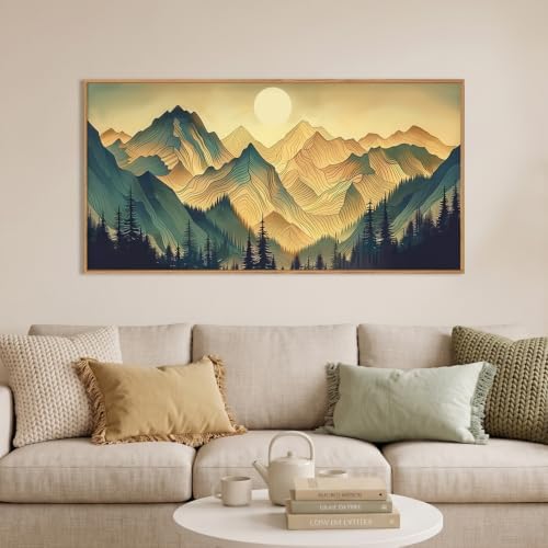 Boho Green Mountain Landscape Framed Canvas Wall Art Set, Abstract Sun Forest by Celestdeco