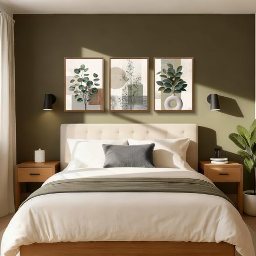 3 Pcs Framed Sage Green Boho Botanical Neutral Abstract Canvas Wall Art - Image 4