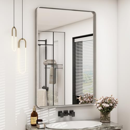 24x36 Silver Brushed Metal Bathroom Mirror by CHARMOR