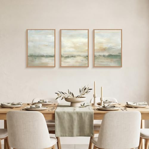 LHIUEM Abstract Green Gray Pastel Framed Canvas Wall Art, Neutral Landscape - Image 3