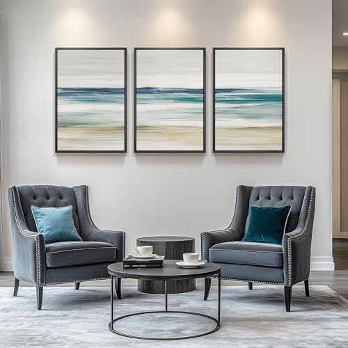 Large Framed Blue Abstract Coastal Ocean Wall Art - Image 4