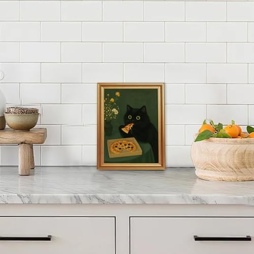 ICHZUMW Gold Framed Funny Black Cat Eating Pizza Canvas Wall Art, 8x10 In - Image 4