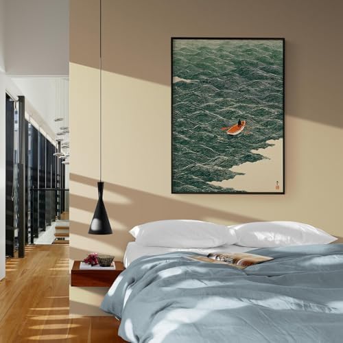 Vintage Japanese Canvas Wall Art Emerald Green Boat At Sea Posters Minimalist - Image 5