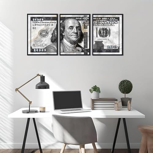 Black and White Canvas Wall Art Benjamin Franklin 100 Dollar Money Painting 3 - Image 2