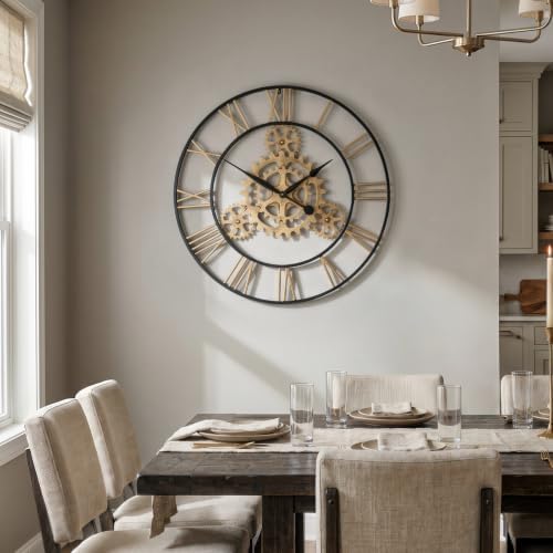 Cuspin 30 Inch Large Wall Clock Black Gold Roman Numeral Gears Wall Clock - Image 3