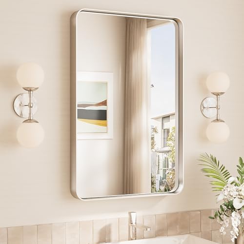 TokeShimi 20x30 Brushed Nickel Bathroom Wall Mirror Vanity Metal Frame Round by TokeShimi