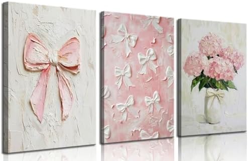 3Pcs Trendy Pink Bows Canvas Wall Art Cute Girly Coquette Watercolor Hydrangea by Zuowclli