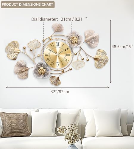 33" Modern Farmhouse Large Decorative Wall Clock, Ginkgo Metal Art - Image 2