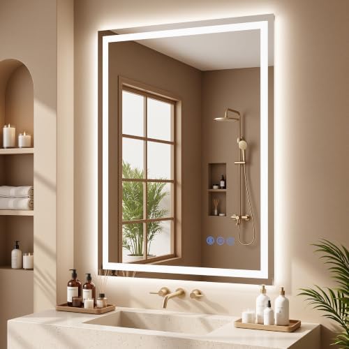 LED Bathroom Mirror with Lights 24"x32", Wall-Mounted Vanity Mirrors Front & by Bimno
