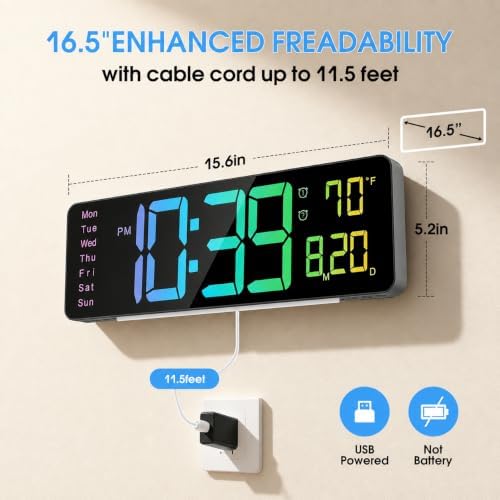 16" Large Digital Wall Clock, LED RGB Color Changing Display - Image 2
