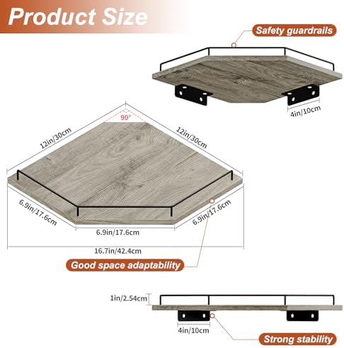JJL Corner Shelf Wall Mounted, 12 Inches 3-Tier Floating Corner Shelf, Hexagon - Image 3