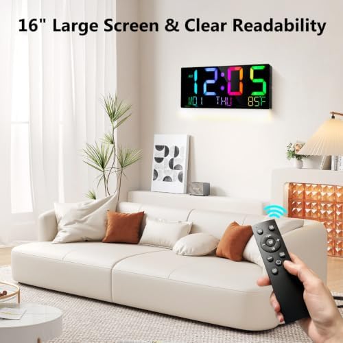 16" Large Digital Wall Clock: 11 RGB Color LED Display - Image 2