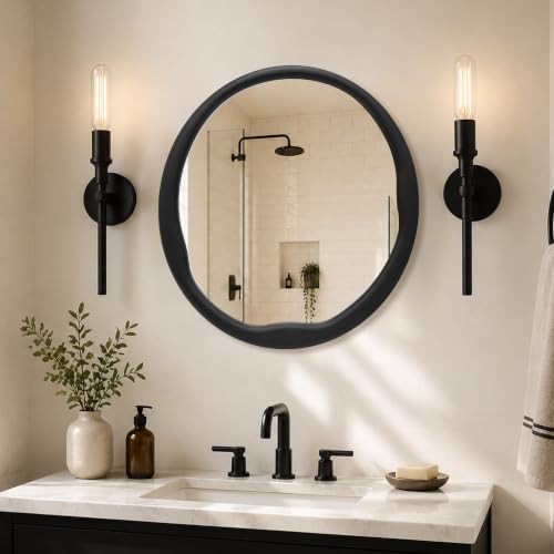 Matte Black 24 Inch Round Wood Wall Mirror, Asymmetrical Inner Edge - Image 7