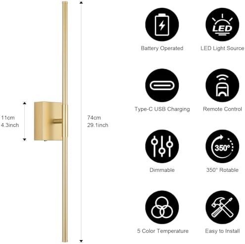 Battery Operated Wall Sconce, 3000K-6000K Dimmable Gold Wall Lights - Image 6