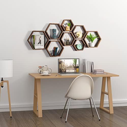 Hexagon Floating Shelves Set of 8 Wood Hexagonal Shelves Brown Wall Decor and - Image 6