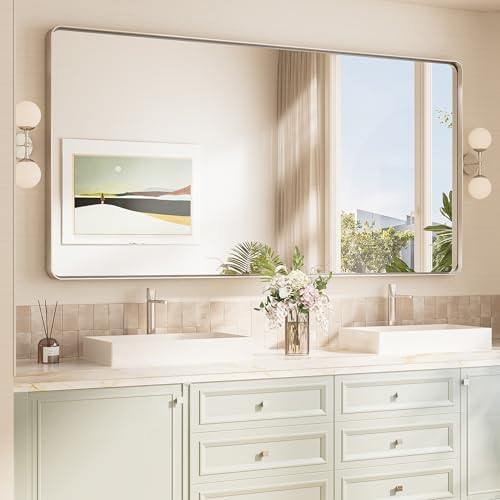 TokeShimi 72x36 Brushed Nickel Bathroom Wall Mirror Vanity Metal Frame Round by TokeShimi