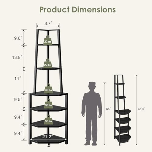 VECELO 6 Tier Corner Shelf 69 Inch Industrial Bookshelf - Image 2