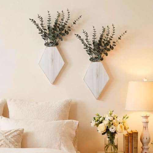Chunful 2 Pcs Wooden Wall Planter Decor, Retro White, 9.8 x 6.6 x 1.2 Inches by Chunful