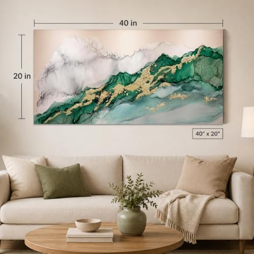 Anolyfi Emerald Green & Gold Modern Abstract Canvas Wall Art 40"x20" - Image 3