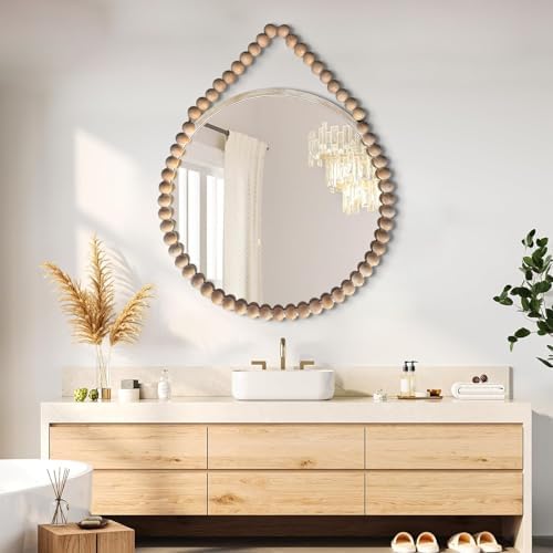 POZINO Wood Round Mirror, Boho Circle Mirror - Image 2
