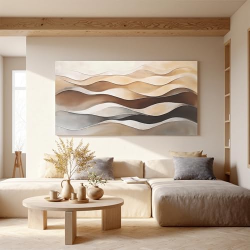 Large Brown White Wavy Stripes Abstract Wall Art - Image 6