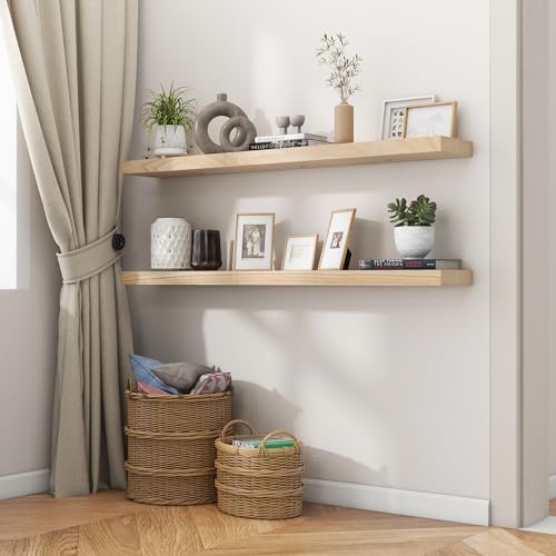 fuqing 48 Inch Floating Shelves 6.7'' Deep Natural Wood Shelves Set of 2 - Image 7