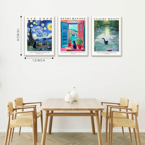 MUWAK Framed Black Cat Canvas Wall Art Set of 3 – Van Gogh Matisse Monet - Image 3