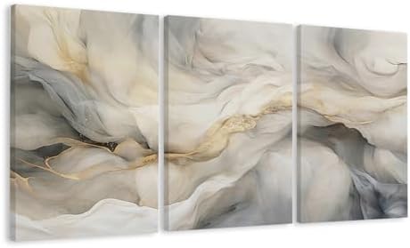 EJPFOGV Triptych Grey White Gold Wrapped Canvas Wall Art 16x24 inches x3 by FramedCanvasWallArt