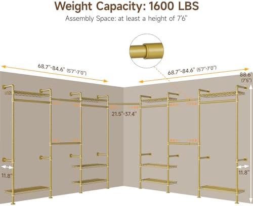 ONBRILL L7 Wall Mounted Industrial Pipe Clothing Rack, Corner Closet System - Image 3