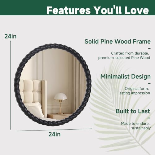 24"x24" Round Solid Wood Farmhouse Decorative Wall Mirror - Image 2