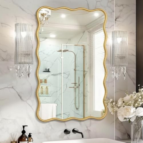 PROHOMEWARE 22x34 Gold Wavy Irregular Bathroom Mirror, Wall-Mounted by PROHOMEWARE