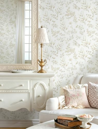 Peel and Stick Wallpaper Floral Vintage Wall Paper 17.3" x 394" Beige Leaf - Image 2