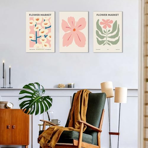 Yaneiro Pink Flower Market Wall Art Set of 3, Colorful Wildflowers Floral - Image 6