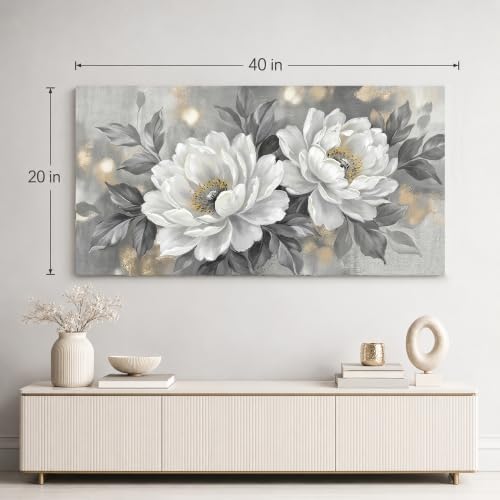 Anolyfi White Peony Neutral Floral Canvas Wall Art - Image 3