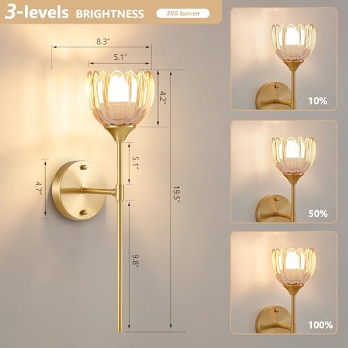 Vintage Battery Operated Wall Sconce Set of 2, Amber Tulip Glass Lampshade - Image 5