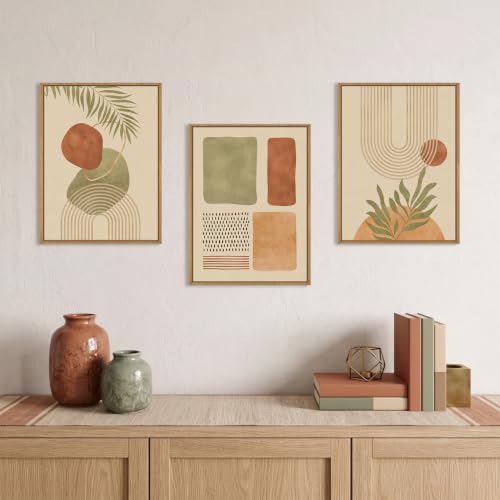 Boho Sage Green Framed Canvas Wall Art, Abstract Geometric Beige Wall Decor - Image 2
