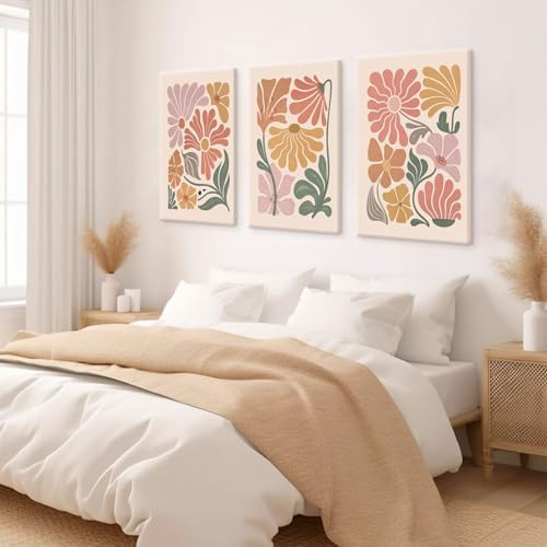 TBKHUDBI Boho Flower Canvas Wall Art Abstract Floral Pictures Prints Set of 3 - Image 2