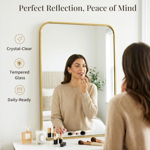 2-Pack 24x36 Inch Brushed Gold Rounded Rectangle Vanity Mirrors - Image 3