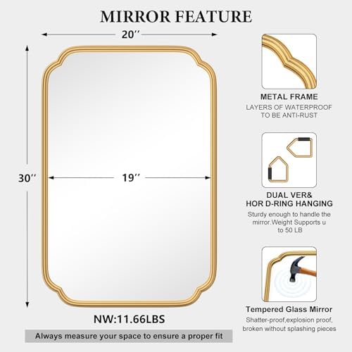 Ferytange Gold Bathroom Mirror for Wall 20" x 30" Modern Rounded Corner - Image 5