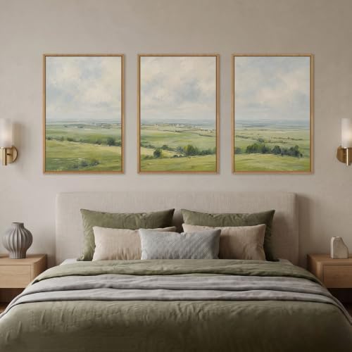 HOURIA Vintage Green Countryside Field Framed Canvas Wall Art Set, Rolling - Image 5